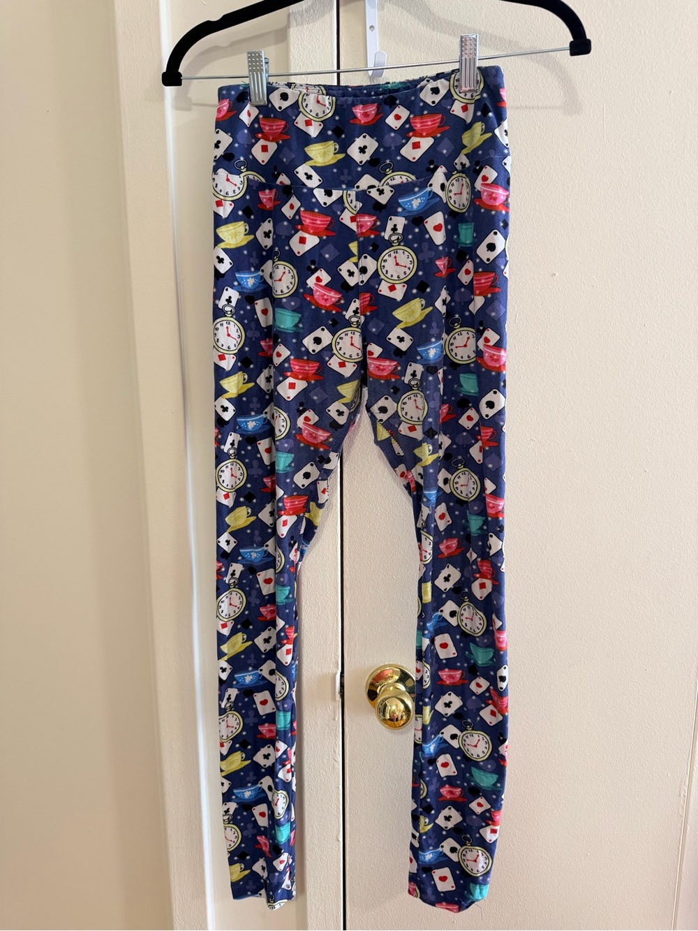 Women's Navy Alice in Wonderland Leggings - Playful Clock & Card Pattern